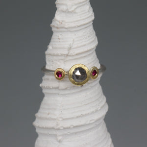 Rose cut diamond and ruby ring in silver and gold, size K 1/2