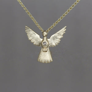 9ct Yellow Gold Dove Pendant Necklace with Rose Cut Diamond by Tamara Gomez 2