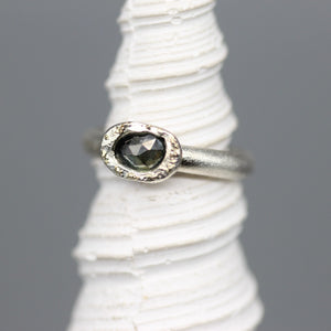 Blue Green Rose Cut Sapphire Ring in Sterling Silver with Gold Flecks