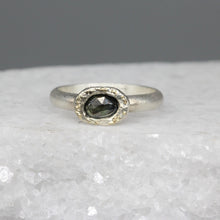 Load image into Gallery viewer, Blue Green Rose Cut Sapphire Ring in Sterling Silver with Gold Flecks