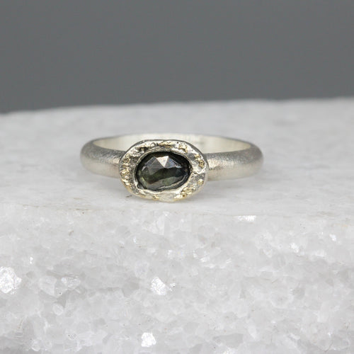 Blue Green Rose Cut Sapphire Ring in Sterling Silver with Gold Flecks
