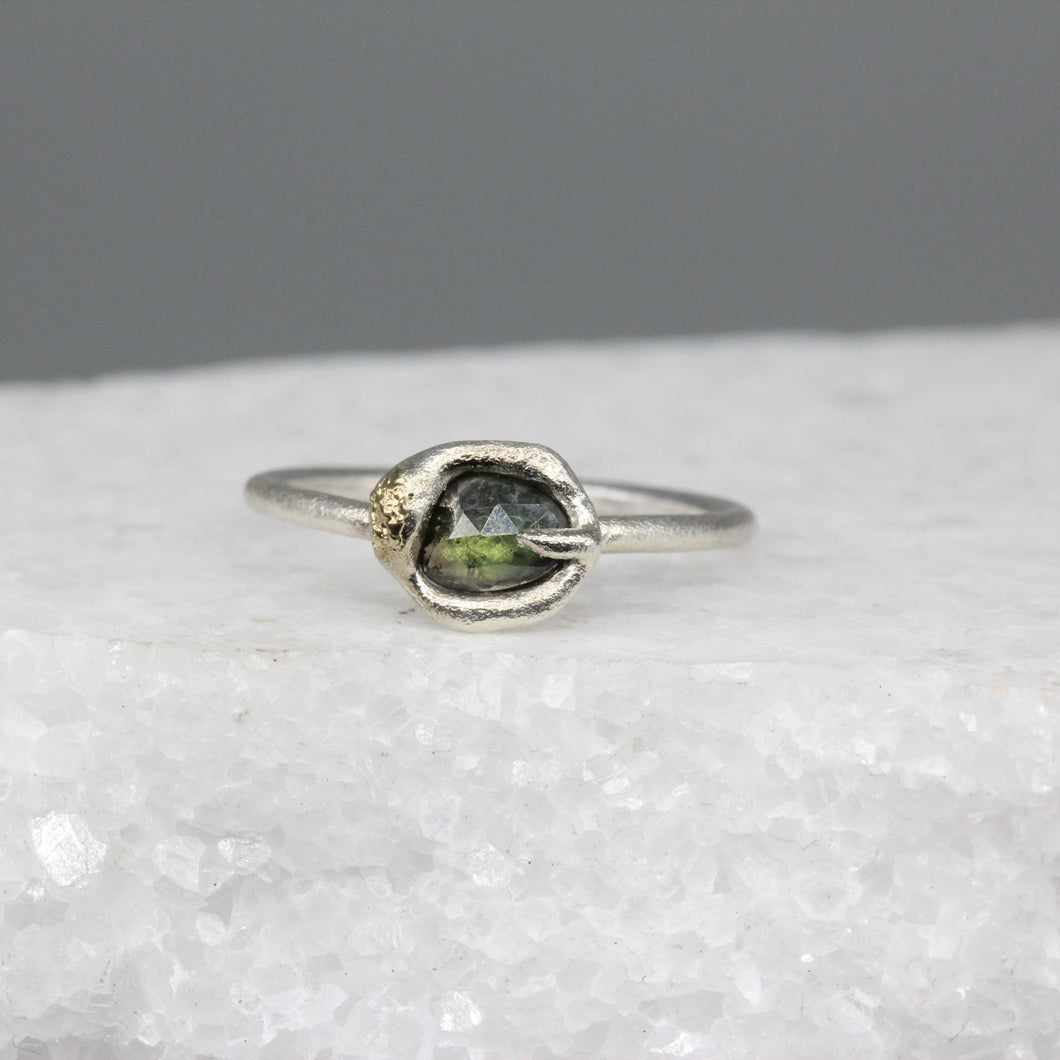 Single Claw Molten Set Sapphire Ring in Sterling Silver with 18ct Gold Detail