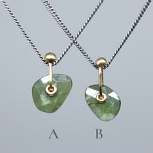 Load image into Gallery viewer, Two forest-green sapphire slice pendant necklaces with 9ct gold details on oxidised silver chains, variants A and B