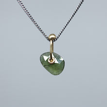 Load image into Gallery viewer, Forest-green sapphire slice pendant necklace A with 9ct gold sequin setting on an oxidised silver chain