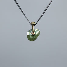 Load image into Gallery viewer, Forest-green sapphire slice pendant necklace B with 9ct gold sequin setting on an oxidised silver chain