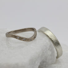 Load image into Gallery viewer, Organic White Gold Wedding Bands - His and Hers Textured Ring Set with diamonds by Tamara Gomez 1