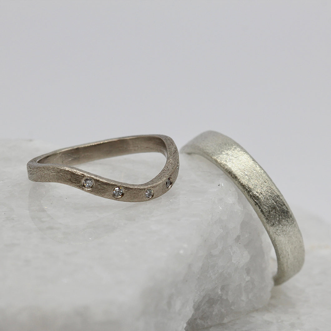 Organic White Gold Wedding Bands - His and Hers Textured Ring Set with diamonds by Tamara Gomez 1