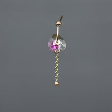 Load image into Gallery viewer, Magenta and lemon watercolour sapphire single drop earring in yellow gold with chain detail, handcrafted by Tamara Gomez