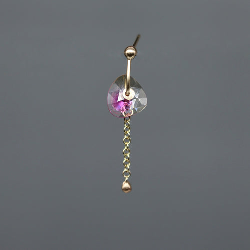 Magenta and lemon watercolour sapphire single drop earring in yellow gold with chain detail, handcrafted by Tamara Gomez