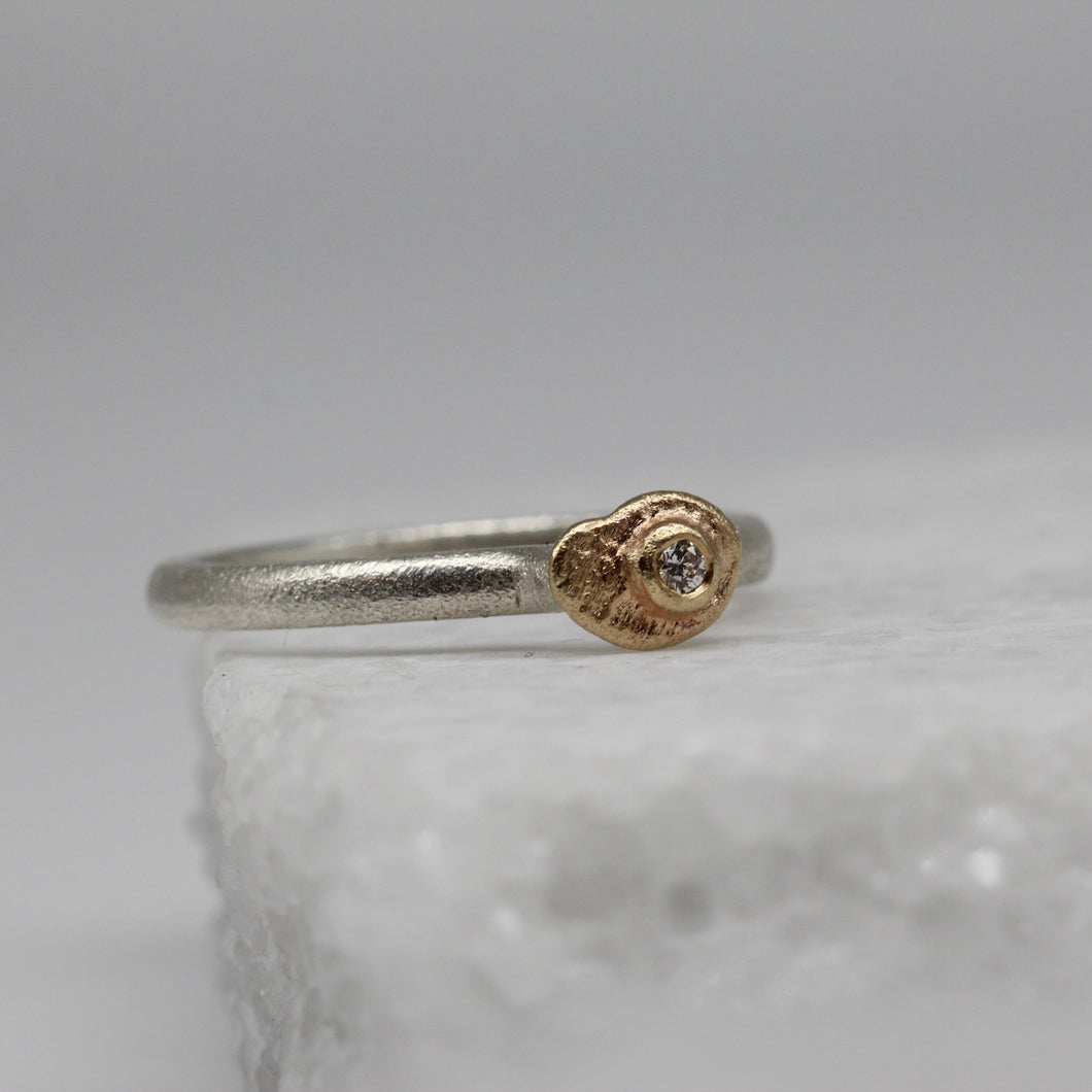 Sterling Silver and Gold Oddity Ring with White Diamond by Tamara Gomez 1