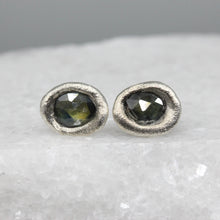 Load image into Gallery viewer, Molten-set green sapphire stud earrings in sterling silver