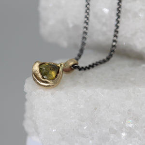 Rough diamond pendant necklace in yellow gold and blackened silver chain by Tamara Gomez