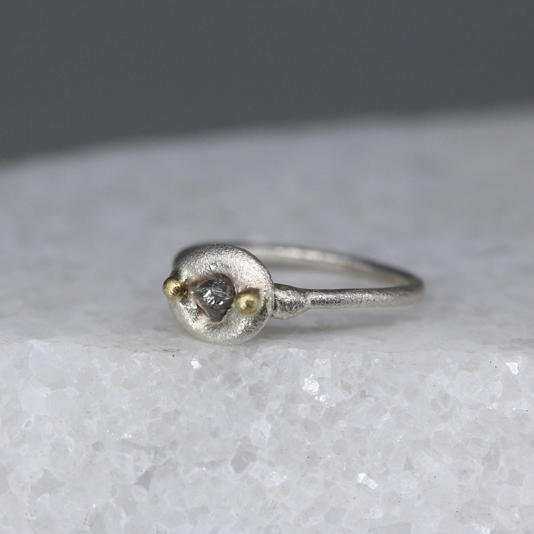 Molten Set Rough Diamond Ring in Silver with 18ct Gold Accents by Tamara Gomez