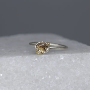 Molten Set Rough Diamond & White Diamond Accent Ring in Silver & Gold by Tamara Gomez