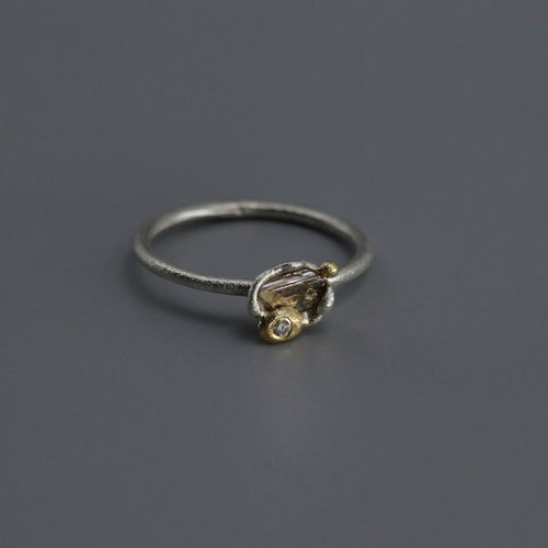 Molten Set Rough Diamond & White Diamond Accent Ring in Silver & Gold by Tamara Gomez
