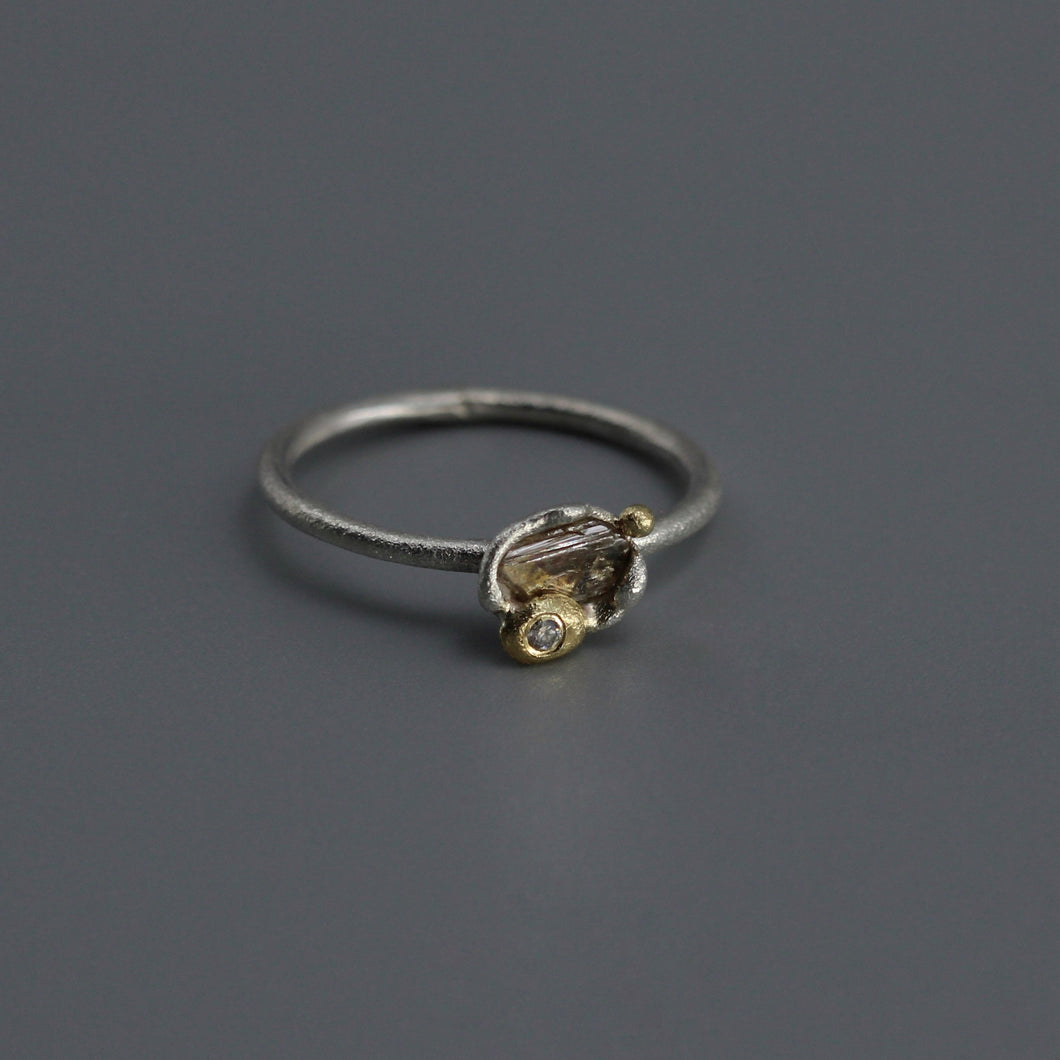 Molten Set Rough Diamond & White Diamond Accent Ring in Silver & Gold by Tamara Gomez