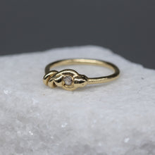 Load image into Gallery viewer, 
14ct yellow gold twist ring set with a grey moissanite, handcrafted by Tamara Gomez
