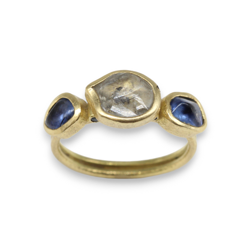 Tamara gomez Bespoke rough diamond and Ceylon sapphire ring in 18ct yellow gold