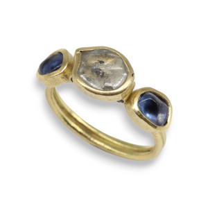 Tamara gomez Bespoke rough diamond and Ceylon sapphire ring in 18ct yellow gold