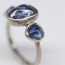 Load image into Gallery viewer, Bespoke alternative engagement ring in 14ct white gold with Sri Lankan sapphires and a rough diamond by Tamara Gomez