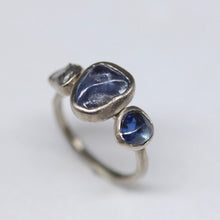 Load image into Gallery viewer, Bespoke alternative engagement ring in 14ct white gold with Sri Lankan sapphires and a rough diamond by Tamara Gomez