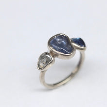Load image into Gallery viewer, Bespoke alternative engagement ring in 14ct white gold with Sri Lankan sapphires and a rough diamond by Tamara Gomez