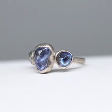 Load image into Gallery viewer, Bespoke alternative engagement ring in 14ct white gold with Sri Lankan sapphires and a rough diamond by Tamara Gomez