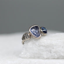 Load image into Gallery viewer, Bespoke alternative engagement ring in 14ct white gold with Sri Lankan sapphires and a rough diamond by Tamara Gomez