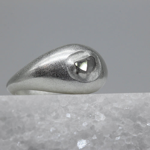 Half polished half raw diamond bombé ring in sterling silver