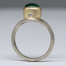 Load image into Gallery viewer, Detail of emerald cabochon and reclaimed diamonds in gold ring by Tamara Gomez