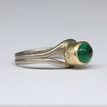 Load image into Gallery viewer, Side view of sculptural emerald cabochon ring with textured band by Tamara Gomez