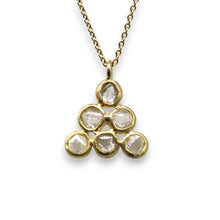Load image into Gallery viewer, Gold necklace with a pendant featuring 6 rough diamonds on a white background