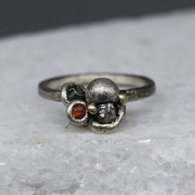 Load image into Gallery viewer, Sculptural sterling silver ring featuring a rough diamond and sapphire cluster with organic textures