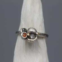 Load image into Gallery viewer, Abstract cluster ring set with rough diamond, raw sapphire and orange sapphire in sterling silver, handcrafted by Tamara Gomez