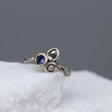 Load image into Gallery viewer, Sterling silver cluster ring with rough diamond, sapphire and rose cut diamond, handcrafted by Tamara Gomez.