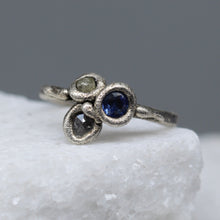 Load image into Gallery viewer, Organic cluster ring featuring sapphire and rough diamond in textured silver