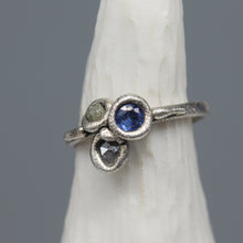 Load image into Gallery viewer, Organic cluster ring featuring sapphire and rough diamond in textured silver.