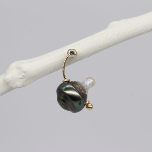 One of a Kind Vessel-Shaped Tahitian Pearl Stud Earring with Blue Diamond