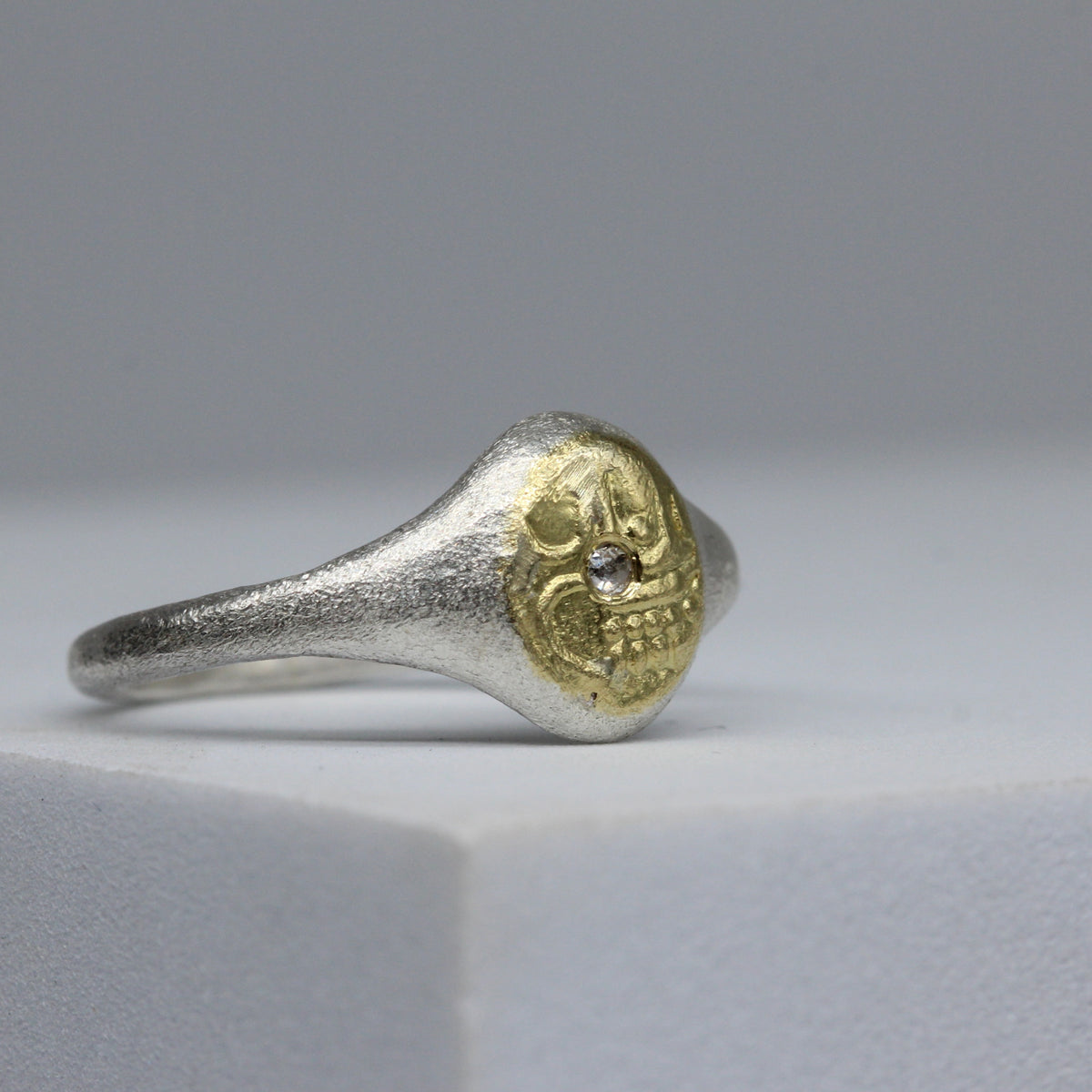 Handcrafted Fanam Signet Ring in Sterling Silver and Gold with Rose Cut ...