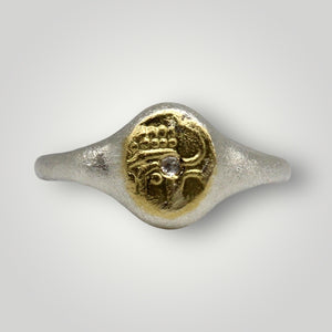 Tamara Gomez TGR32 Handcrafted Fanam Signet Ring in Sterling Silver and Gold with Rose Cut White Diamond 6