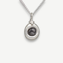 Load image into Gallery viewer, Rough diamond lozenge pendant in sterling silver set with a 1ct charcoal grey rough diamond, handcrafted in London by Tamara Gomez.