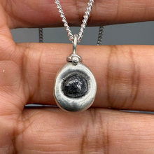 Load image into Gallery viewer, Rough diamond lozenge pendant in sterling silver set with a 1ct charcoal grey rough diamond, handcrafted in London by Tamara Gomez.