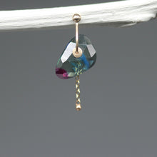 Load image into Gallery viewer, Blue and pink watercolour sapphire single drop earring with 9ct yellow gold sequin setting and gold drop.