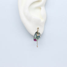 Load image into Gallery viewer, Blue and pink watercolour sapphire single drop earring with 9ct yellow gold sequin setting and gold drop.