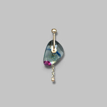 Load image into Gallery viewer, Blue and pink watercolour sapphire single drop earring with 9ct yellow gold sequin setting and gold drop.