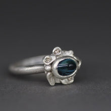 Load image into Gallery viewer, Bespoke silver ring with London blue topaz and repurposed diamonds detail by Tamara Gomez