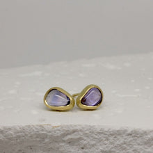 Load image into Gallery viewer, Bespoke purple sapphire stud earrings in 18ct yellow gold by Tamara Gomez