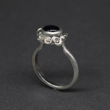 Load image into Gallery viewer, Bespoke silver ring with London blue topaz and repurposed diamonds detail by Tamara Gomez