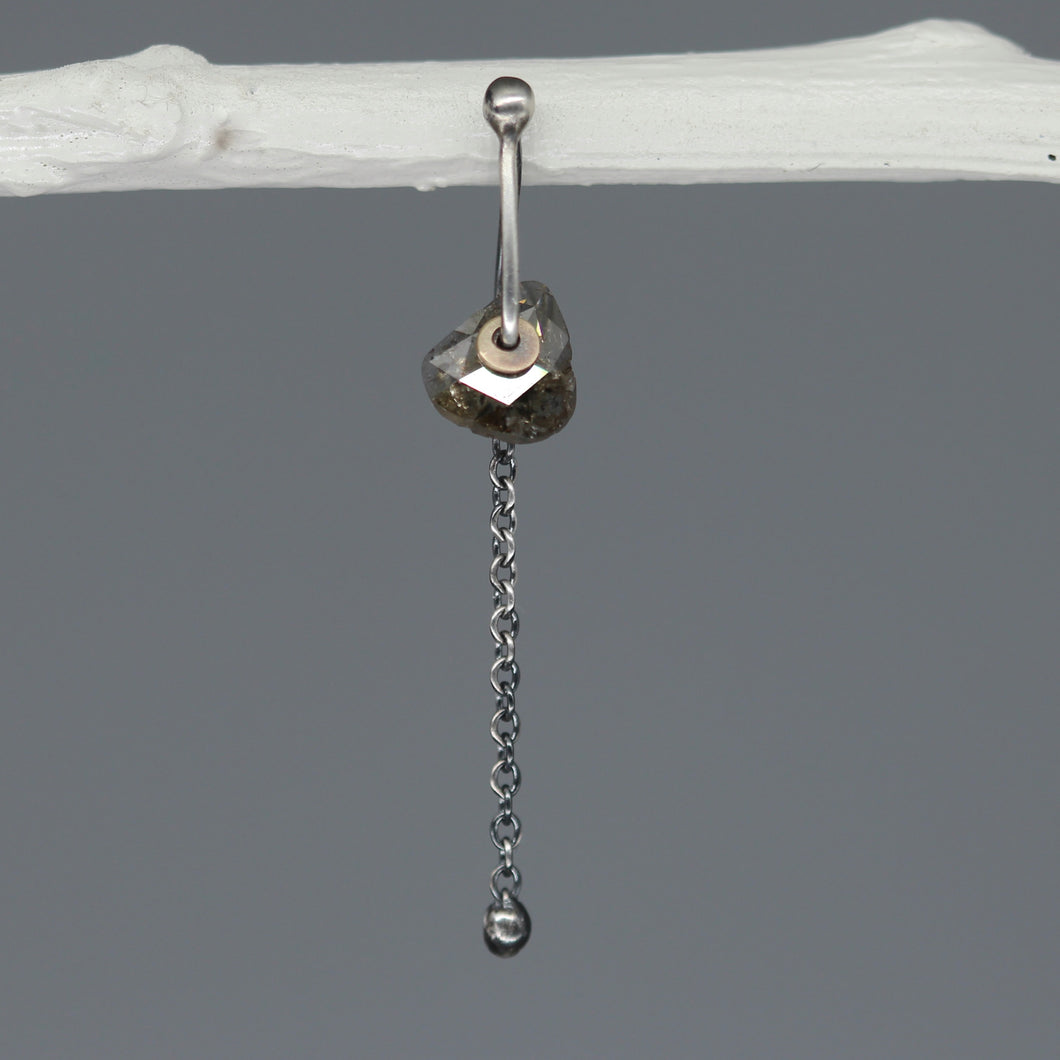 Chocolate brown rose cut diamond single earring with sequin-style setting, fine silver chain and 18ct gold detail, handcrafted in London by Tamara Gomez.

