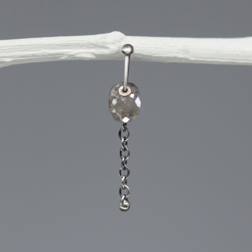 Dove grey rose cut diamond single earring with sequin-style setting, fine silver chain and 18ct gold detail, handcrafted in London by Tamara Gomez.